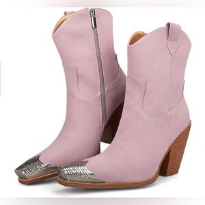 Lilac Engraved Metal Toe Cowgirl Ankle Boots Block Heel Festivals Size 7 New